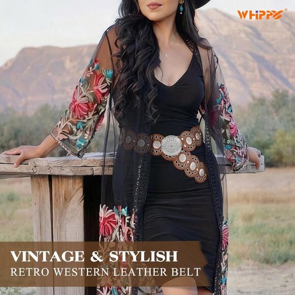 Women Vintage Disc Waist Concho Leather Belt Boho Waist Belt Brown Silver Buckle main image 5